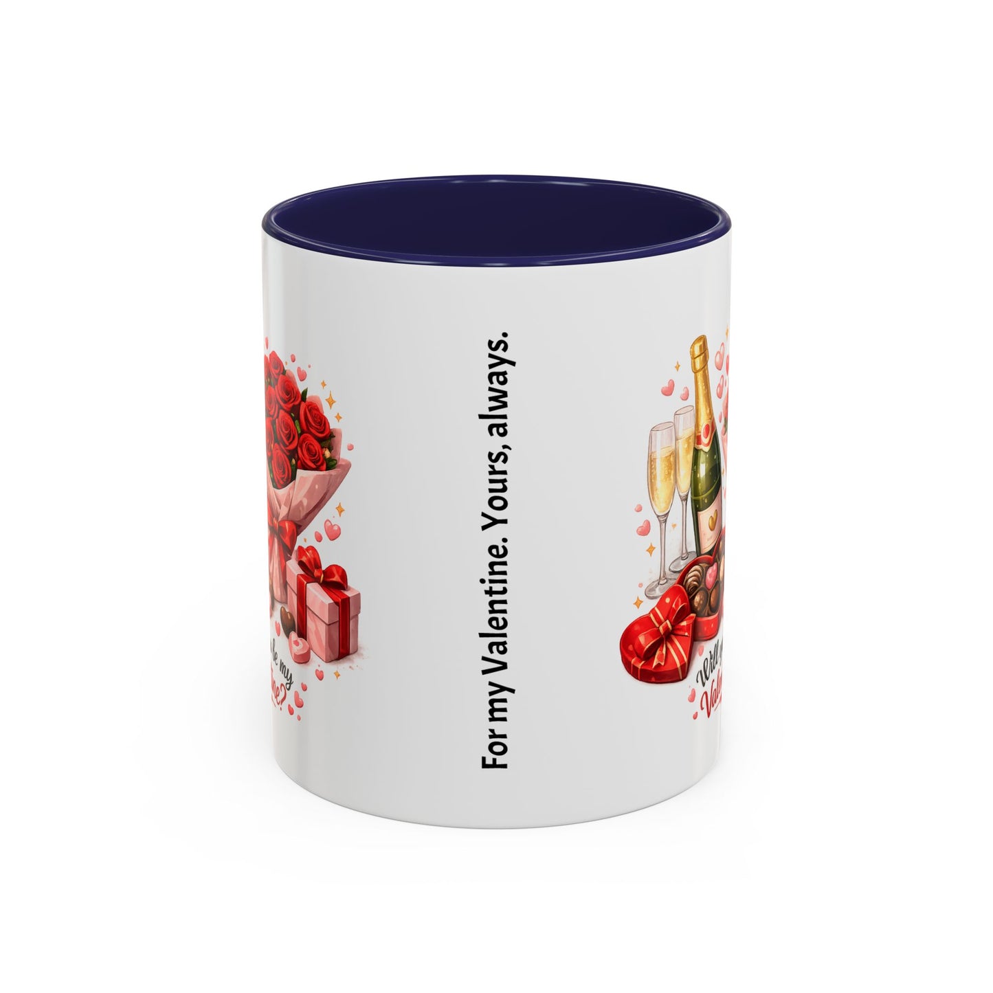 Valentine’s Coffee Mug — “Will You Be My Valentine?” Bouquet, Chocolates & Champagne Mug