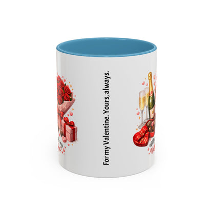 Valentine’s Coffee Mug — “Will You Be My Valentine?” Bouquet, Chocolates & Champagne Mug